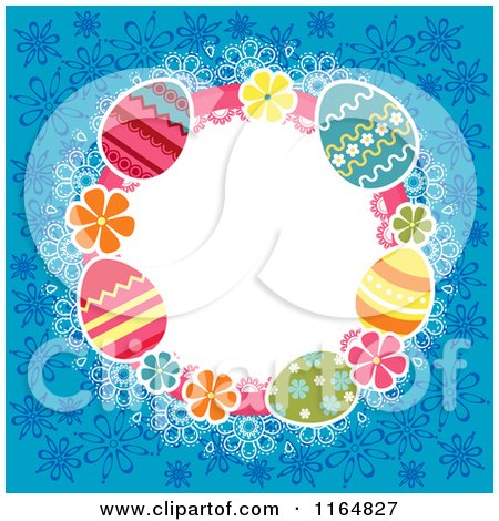 Clipart of a Circle Frame of Easter Eggs on Blue Flowers - Royalty Free Vector Illustration by Vector Tradition SM