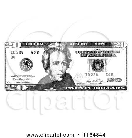 Clipart of a Black and White Twenty Dollar Bill - Royalty Free Vector Illustration by Andrei Marincas
