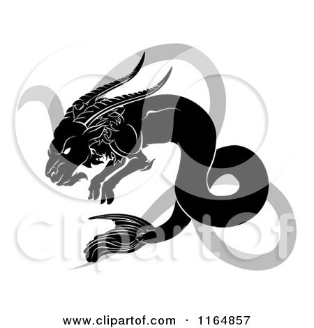 Clipart of a Black and White Horoscope Zodiac Astrology Capricon Sea Goat and Sybmol - Royalty Free Vector Illustration by AtStockIllustration