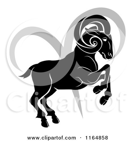 Clipart of a Black and White Horoscope Zodiac Astrology Aries Ram and Sybmol - Royalty Free Vector Illustration by AtStockIllustration