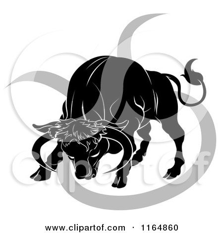 Clipart of a Black and White Horoscope Zodiac Astrology Charging Taurus Bull and Sybmol - Royalty Free Vector Illustration by AtStockIllustration