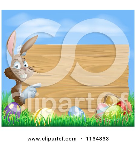 Cartoon of a Brown Bunny Pointing to a Wood Sign over Easter Eggs - Royalty Free Vector Clipart by AtStockIllustration