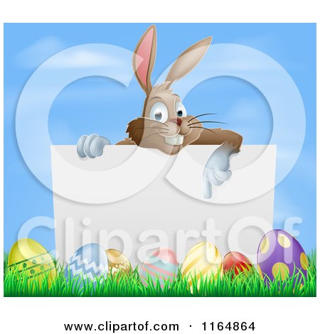 Cartoon of a Brown Bunny Pointing to a Sign over Easter Eggs - Royalty Free Vector Clipart by AtStockIllustration