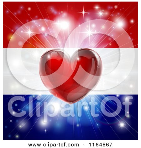 Clipart of a Shiny Red Heart and Fireworks over a Netherlands Flag - Royalty Free Vector Illustration by AtStockIllustration
