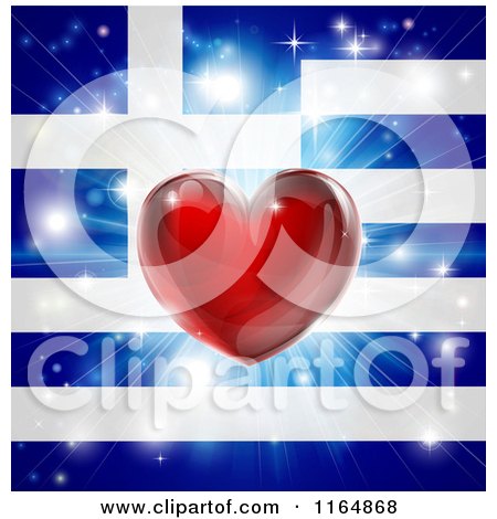 Clipart of a Shiny Red Heart and Fireworks over a Greek Flag - Royalty Free Vector Illustration by AtStockIllustration