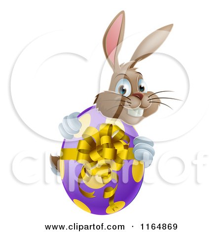 Cartoon of a Brown Bunny Hugging a Polka Dot Easter Egg - Royalty Free Vector Clipart by AtStockIllustration