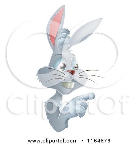 Cartoon of a Gray Bunny Pointing to a Sign - Royalty Free Vector Clipart by AtStockIllustration