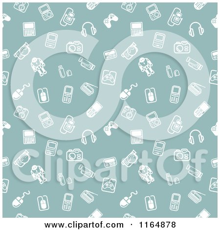 Clipart of a Seanless Green Gadget Background Pattern with White Icons - Royalty Free Vector Illustration by AtStockIllustration