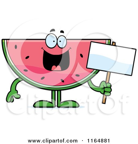 Cartoon of a Watermelon Mascot Holding a Sign - Royalty Free Vector Clipart by Cory Thoman