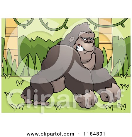Cartoon of a Mad Gorilla in a Jungle, Leaning Forward on His Knuckles - Royalty Free Vector Clipart by Cory Thoman