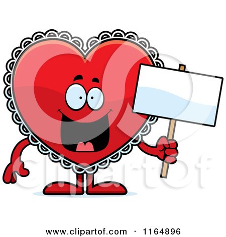 Cartoon of a Red Doily Valentine Heart Mascot Holding a Sign - Royalty Free Vector Clipart by Cory Thoman