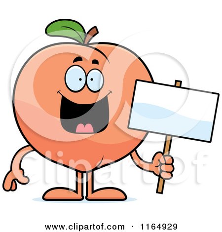 Cartoon of a Happy Peach Mascot Holding a Sign - Royalty Free Vector Clipart by Cory Thoman