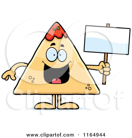 Cartoon of a TORTILLA Chip with Salsa Mascot Holding a Sign - Royalty Free Vector Clipart by Cory Thoman