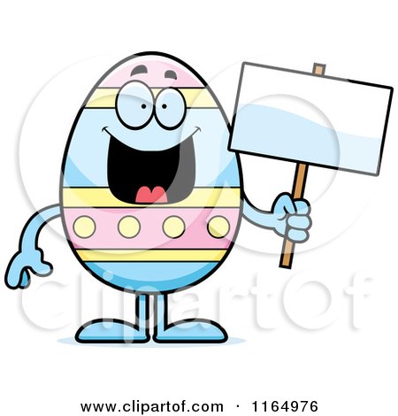 Cartoon of a Happy Easter Egg Mascot Holding a Sign - Royalty Free Vector Clipart by Cory Thoman