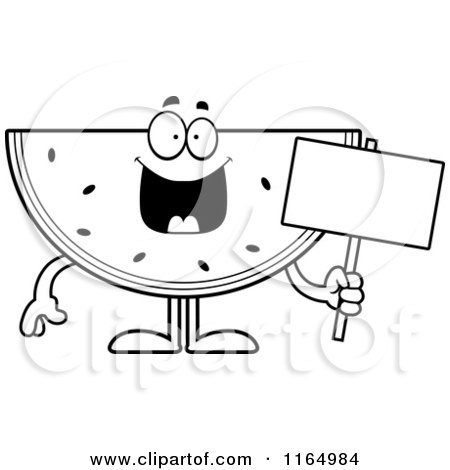 Cartoon Clipart Of A Watermelon Mascot Holding a Sign - Vector Outlined Coloring Page by Cory Thoman