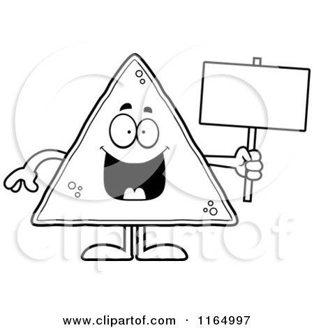 Cartoon Clipart Of A Tortilla Chip Mascot Holding a Sign - Vector Outlined Coloring Page by Cory Thoman