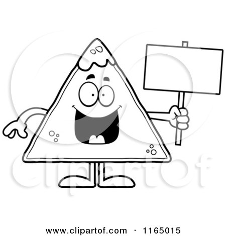 Cartoon Clipart Of A TORTILLA Chip with Salsa Mascot Holding a Sign - Vector Outlined Coloring Page by Cory Thoman