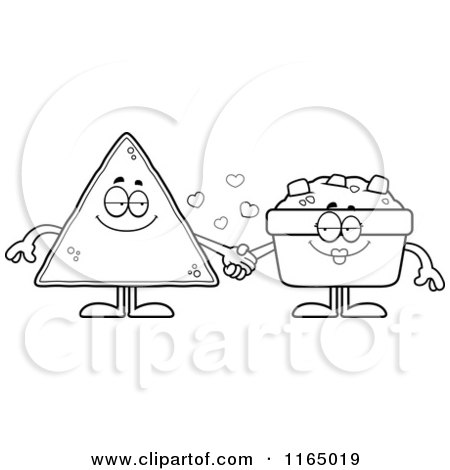 Cartoon Clipart Of A TORTILLA Chip Holding Hands with Salsa - Vector Outlined Coloring Page by Cory Thoman