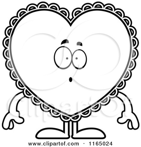Cartoon Clipart Of A Surprised Doily Valentine Heart Mascot - Vector Outlined Coloring Page by Cory Thoman