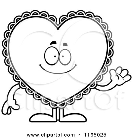 Cartoon Clipart Of A Waving Doily Valentine Heart Mascot - Vector Outlined Coloring Page by Cory Thoman