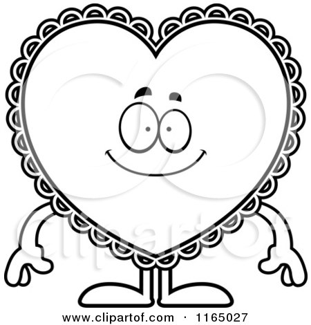 Cartoon Clipart Of A Happy Doily Valentine Heart Mascot - Vector Outlined Coloring Page by Cory Thoman