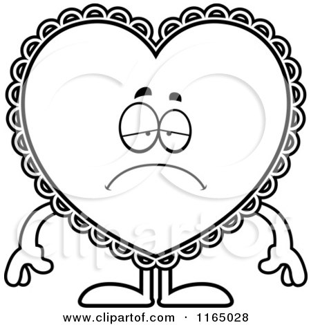 Cartoon Clipart Of A Depressed Doily Valentine Heart Mascot - Vector Outlined Coloring Page by Cory Thoman