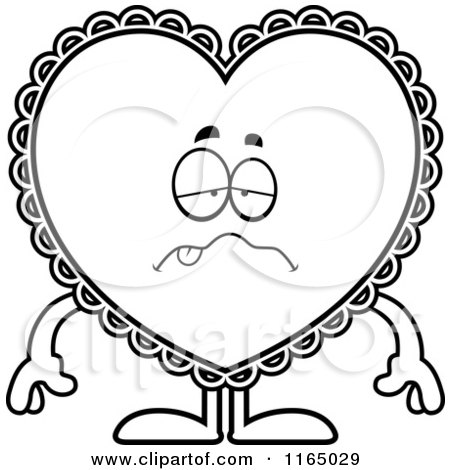 Cartoon Clipart Of A Sick Doily Valentine Heart Mascot - Vector Outlined Coloring Page by Cory Thoman