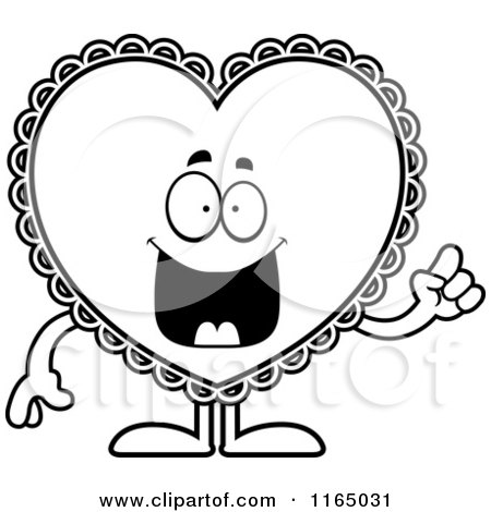 Cartoon Clipart Of A Doily Valentine Heart Mascot with an Idea - Vector Outlined Coloring Page by Cory Thoman