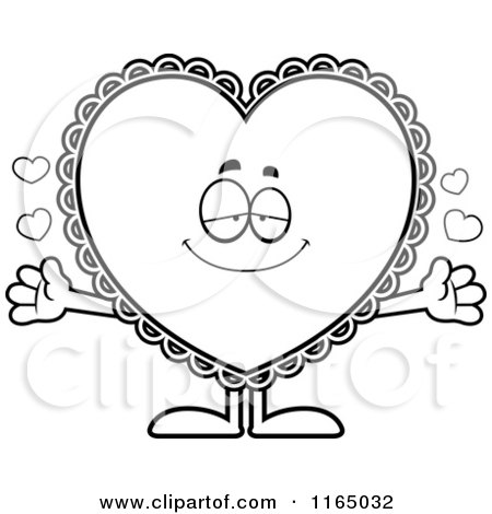 Cartoon Clipart Of A Loving Doily Valentine Heart Mascot - Vector Outlined Coloring Page by Cory Thoman