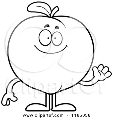 Cartoon Clipart Of A Waving Peach Mascot - Vector Outlined Coloring Page by Cory Thoman