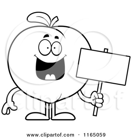 Cartoon Clipart Of A Happy Peach Mascot Holding a Sign - Vector Outlined Coloring Page by Cory Thoman