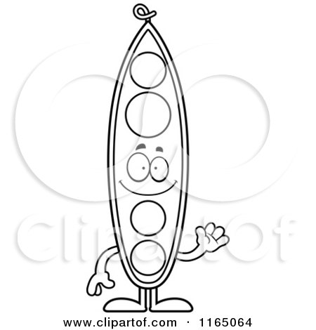Cartoon Clipart Of A Waving Pea Pod Mascot - Vector Outlined Coloring Page by Cory Thoman