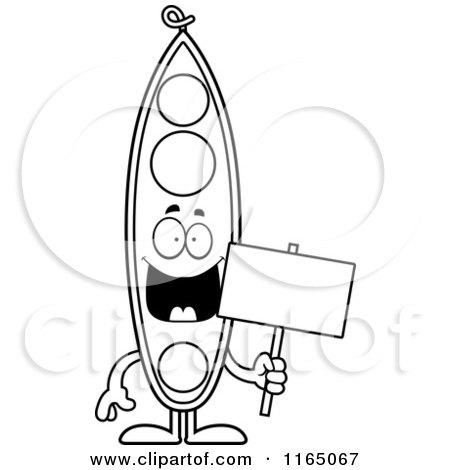 Cartoon Clipart Of A Pea Pod Mascot Holding a Sign - Vector Outlined Coloring Page by Cory Thoman
