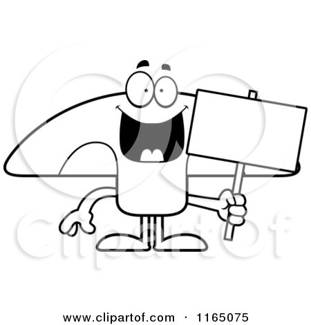 Cartoon Clipart Of A Mushroom Mascot Holding a Sign - Vector Outlined Coloring Page by Cory Thoman