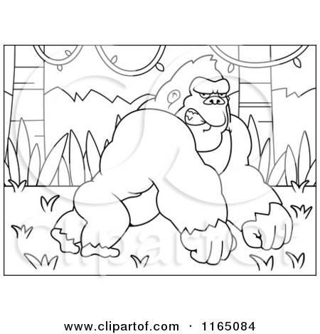 Cartoon Clipart Of AMad Gorilla in a Jungle, Leaning Forward on His Knuckles - Vector Outlined Coloring Page by Cory Thoman