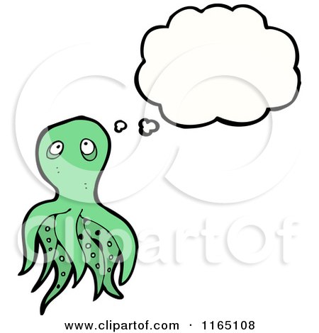 Cartoon of a Thinking Green Octopus - Royalty Free Vector Illustration by lineartestpilot