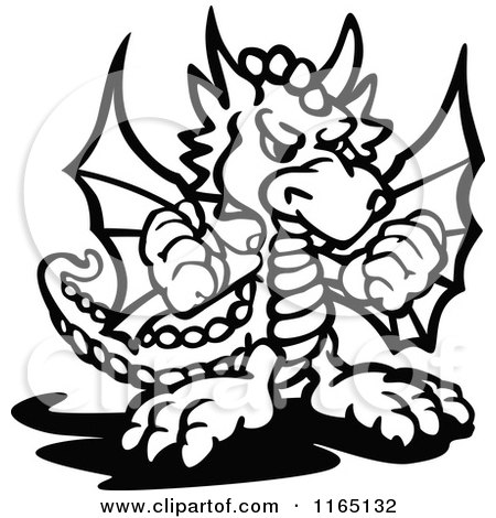 Cartoon of a Black and White Tough Dragon Holding up Fists - Royalty Free Vector Clipart by Chromaco