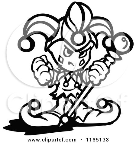 Cartoon of a Black and White Tough Jester Holding a Fist and Staff - Royalty Free Vector Clipart by Chromaco