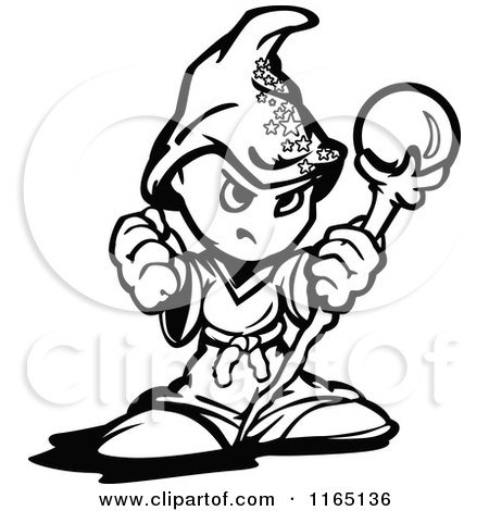 Cartoon of a Black and White Tough Wizard Holding a Fist and Staff - Royalty Free Vector Clipart by Chromaco
