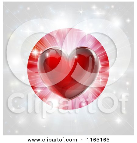 Clipart of a Shiny Red Heart and Fireworks over a Japanese Flag - Royalty Free Vector Illustration by AtStockIllustration