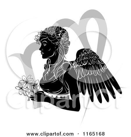 Clipart of a Black and White Horoscope Zodiac Astrology Virgo Angel with Flowers and Symbol - Royalty Free Vector Illustration by AtStockIllustration