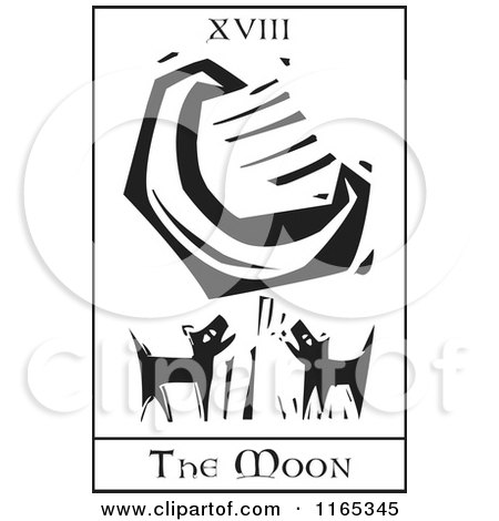 Clipart of a Tarot Card of the Moon Black and White Woodcut - Royalty Free Vector Illustration by xunantunich