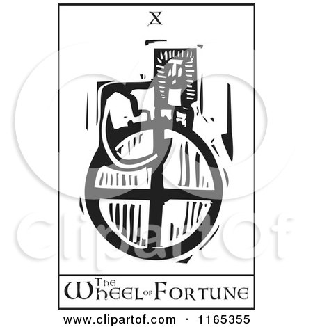 Clipart of a Tarot Card of the Wheel of Fortune Black and White Woodcut - Royalty Free Vector Illustration by xunantunich