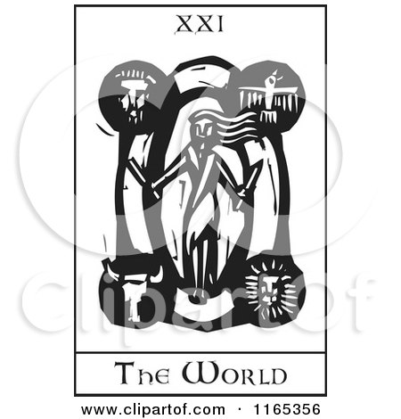 Clipart of a Tarot Card of the World Black and White Woodcut - Royalty Free Vector Illustration by xunantunich