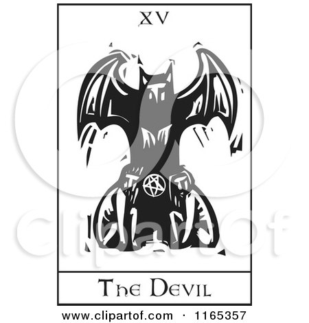 Clipart of a Tarot Card of the Devil Black and White Woodcut - Royalty Free Vector Illustration by xunantunich