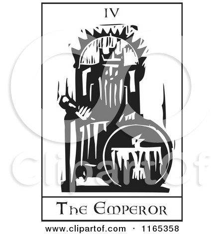 Clipart of a Tarot Card of the Emperor Black and White Woodcut - Royalty Free Vector Illustration by xunantunich