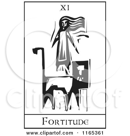 Clipart of a Tarot Card of Fortitude Black and White Woodcut - Royalty Free Vector Illustration by xunantunich