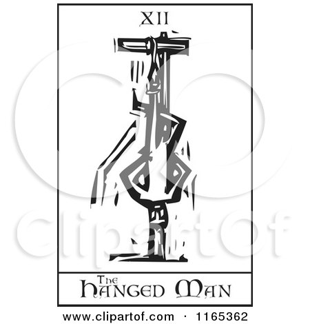 Clipart of a Tarot Card of the Hanged Man Black and White Woodcut - Royalty Free Vector Illustration by xunantunich