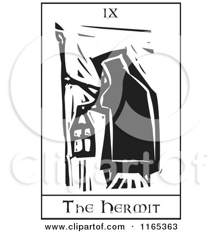 Clipart of a Tarot Card of the Hermit Black and White Woodcut - Royalty Free Vector Illustration by xunantunich