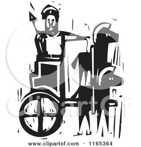 Clipart of a Prince in a Chariot Black and White Woodcut - Royalty Free Vector Illustration by xunantunich
